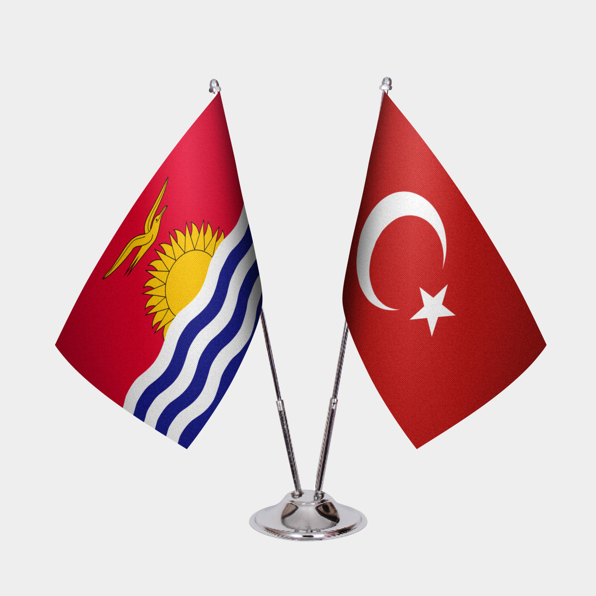Kiribati and Turkey desk flag set with chrome pole and base