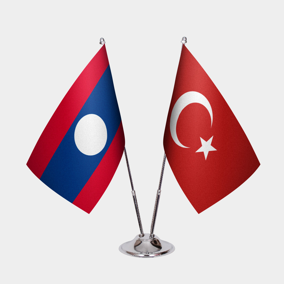 Laos and Turkey desk flag set with chrome pole and base