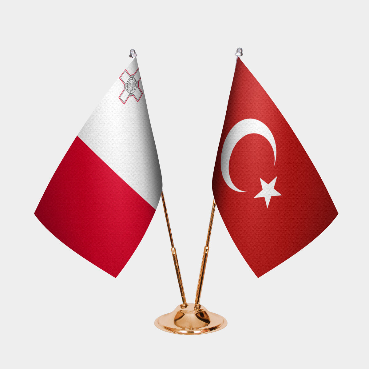 Malta and Turkey desk flag set with gold pole and base