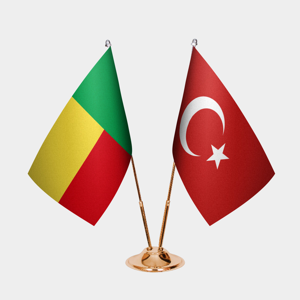 Benin and Turkey desk flag set with gold pole and base