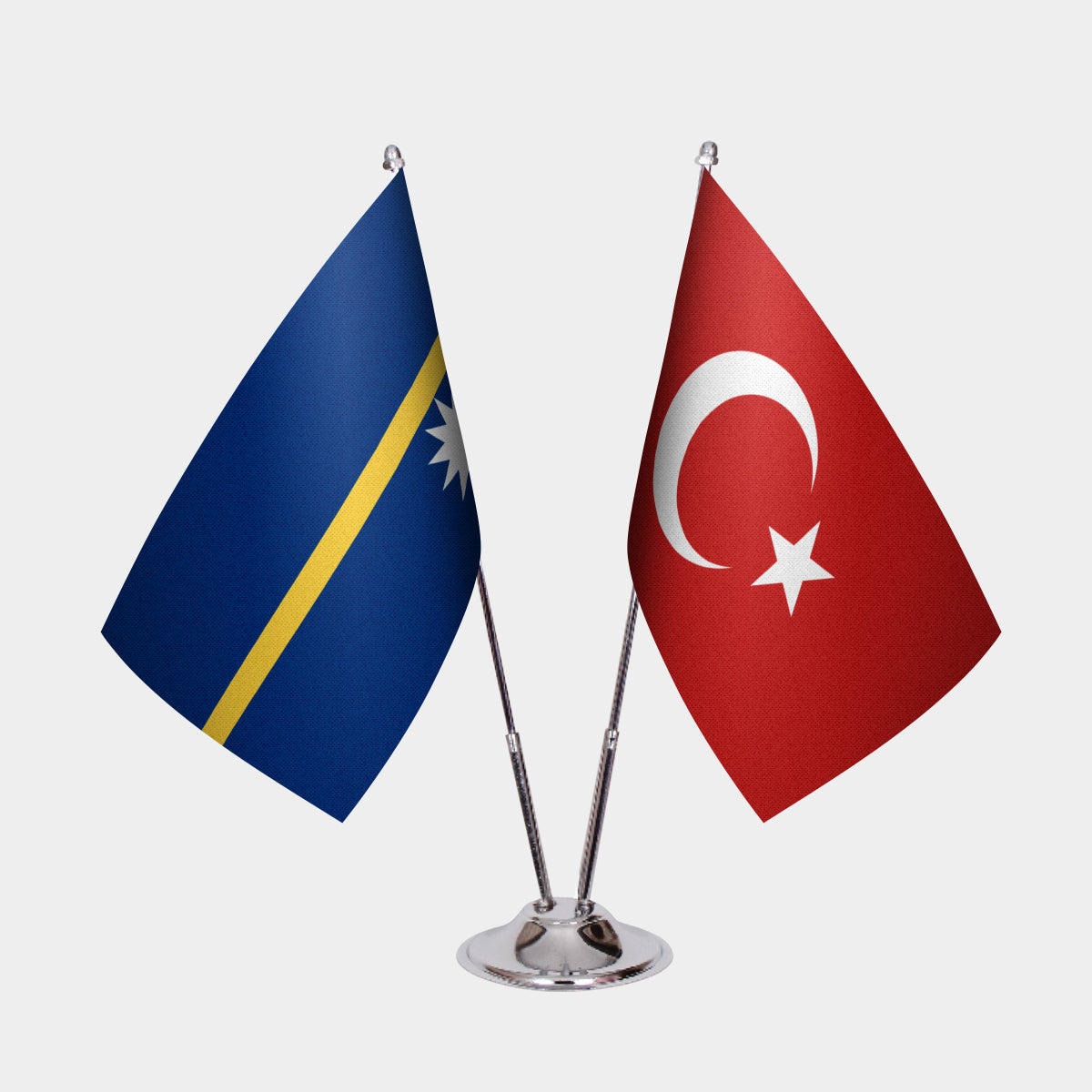 Nauru and Turkey desk flag set with chrome pole and base