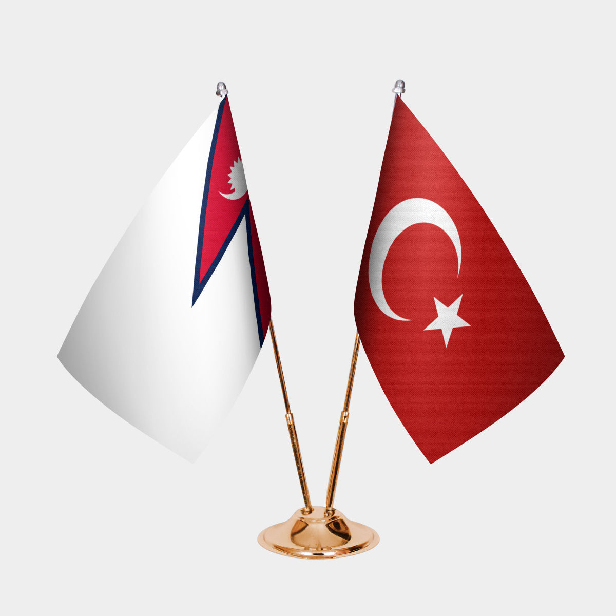 Nepal and Turkey desk flag set with gold pole and base