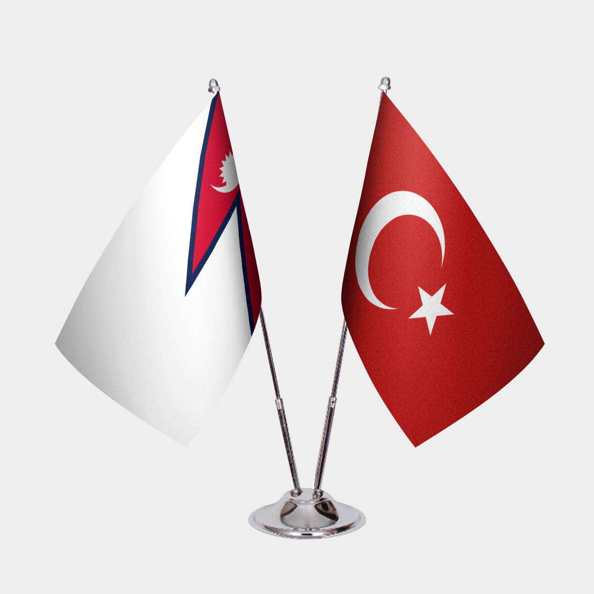 Nepal and Turkey desk flag set with chrome pole and base