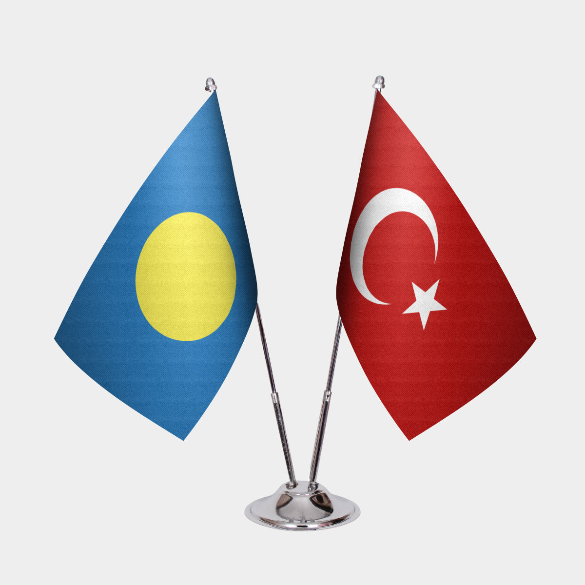 Palau and Turkey desk flag set with chrome pole and base