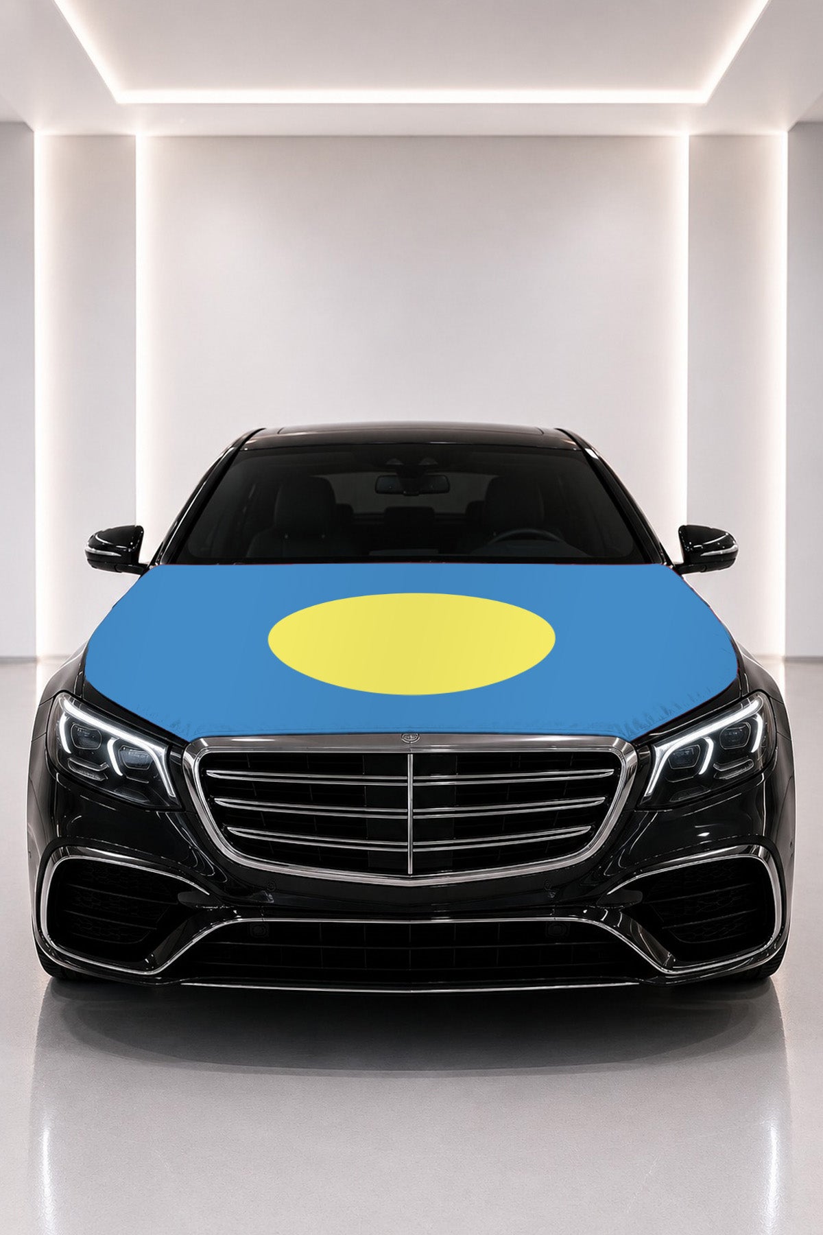 Palau flag car hood cover fitted on a black car bonnet