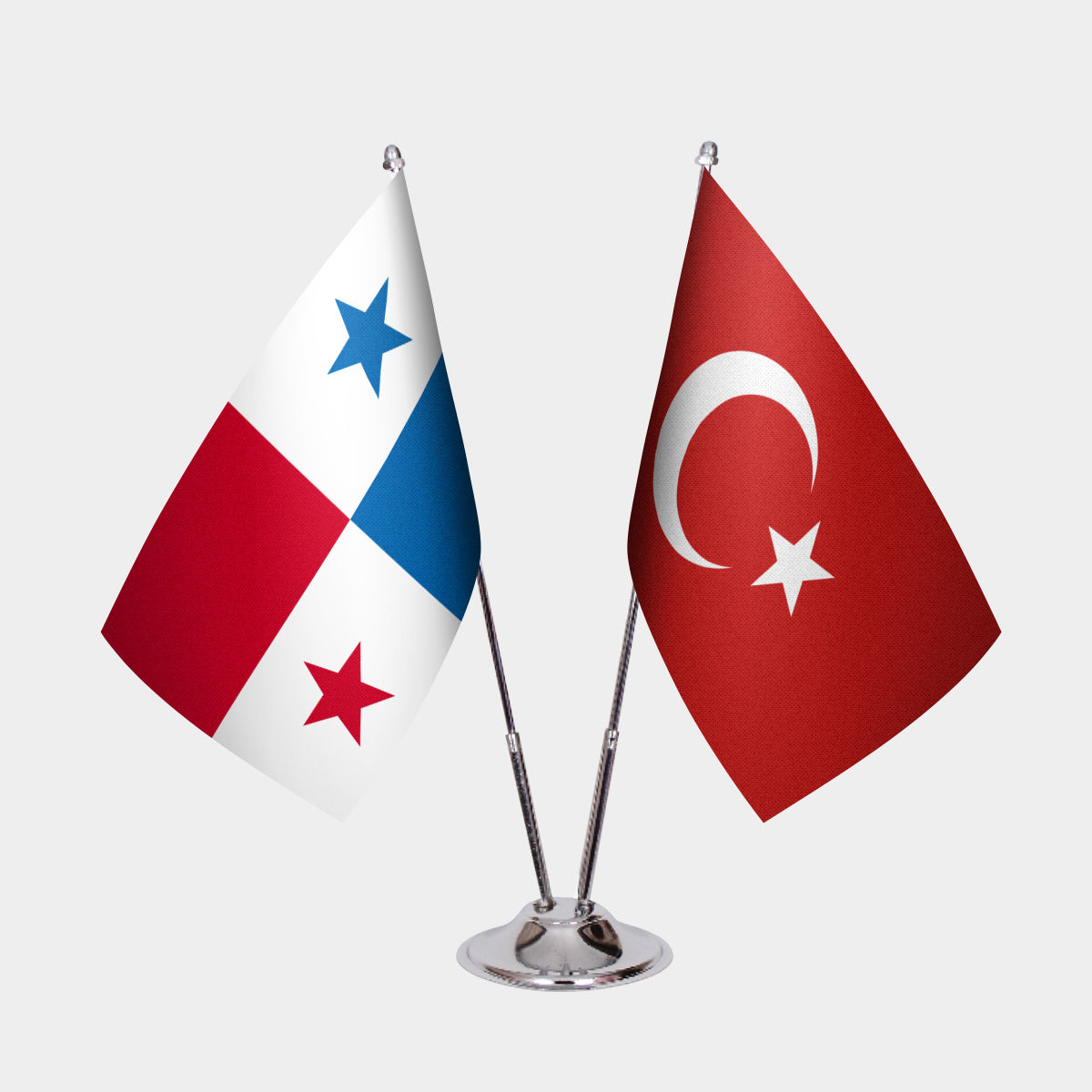 Panama and Turkey desk flag set with chrome pole and base