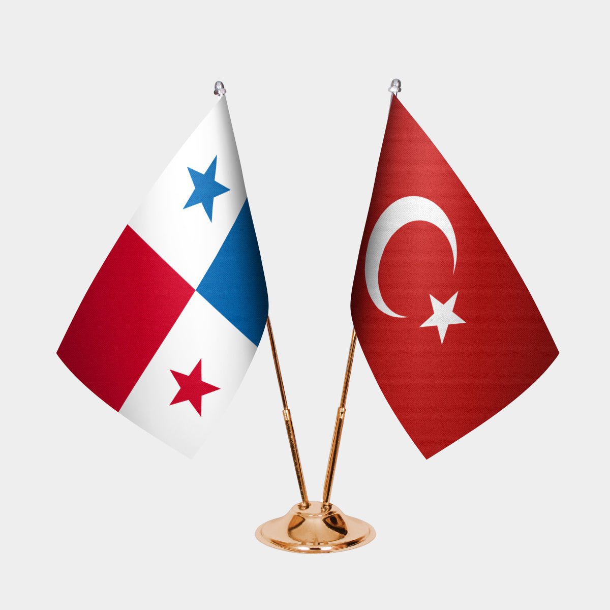 Panama and Turkey desk flag set with gold pole and base