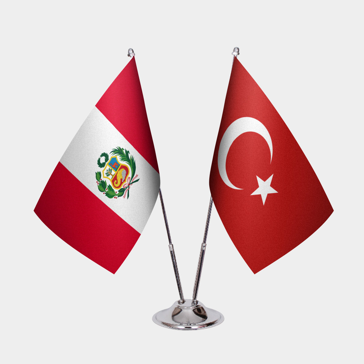 Peru and Turkey desk flag set with chrome pole and base