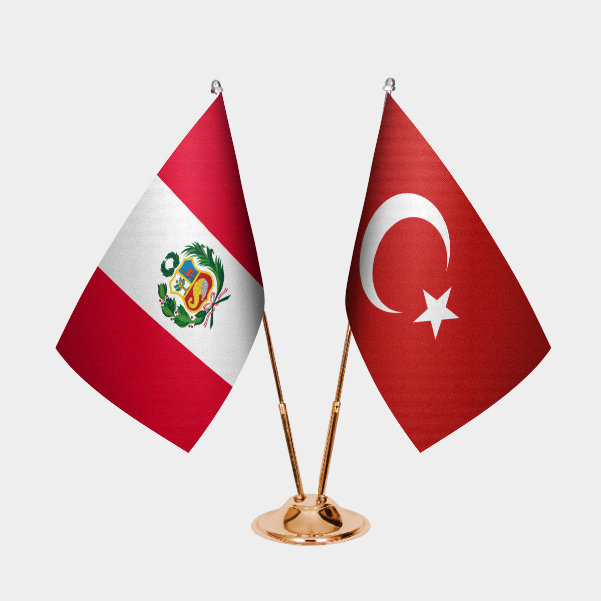 Peru and Turkey desk flag set with gold pole and base