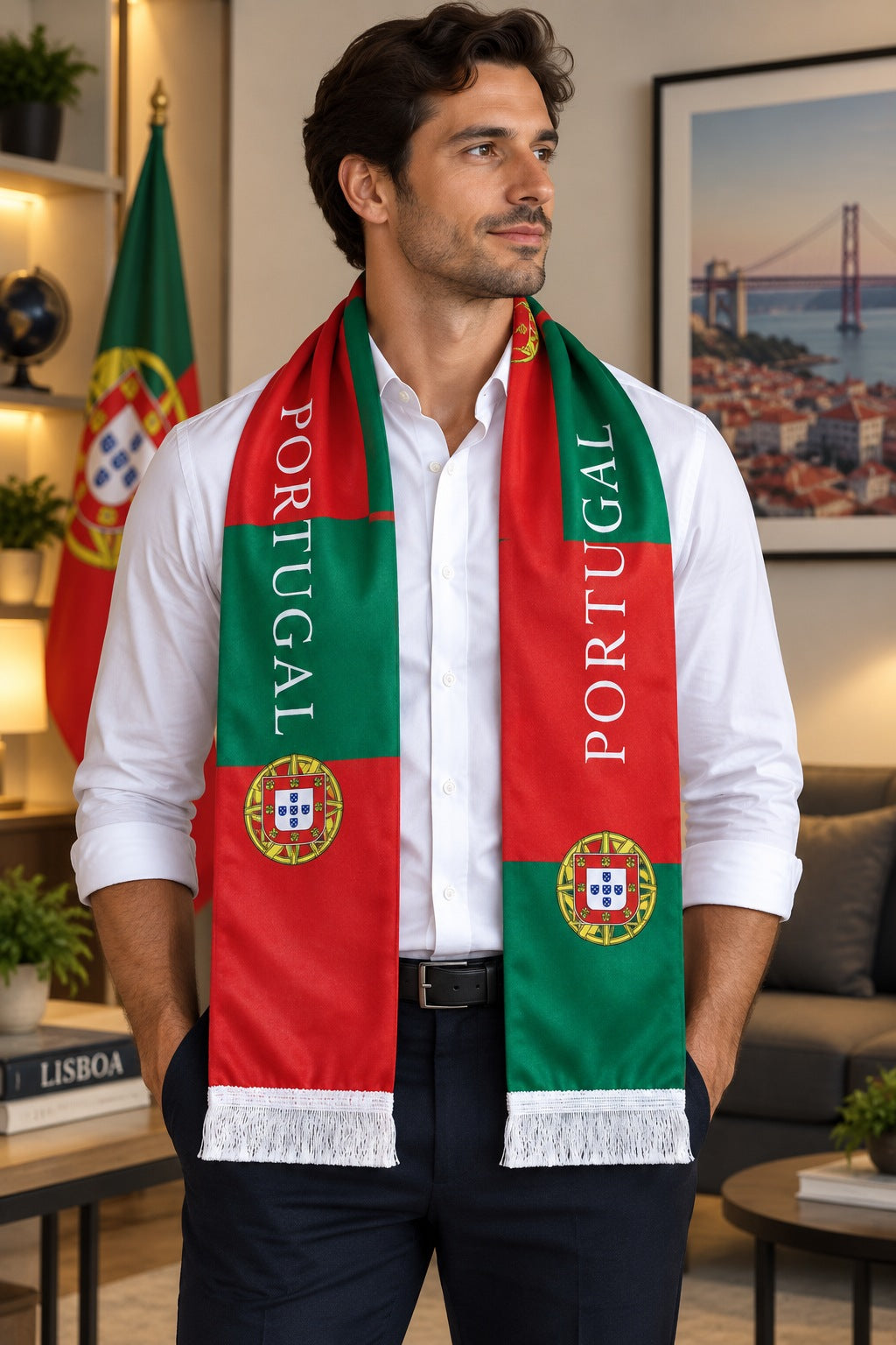 Écharpe de Supporter Satin – Drapeau du Portugal portée autour du cou par un homme en chemise blanche