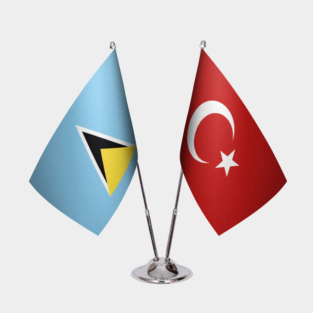 St. Lucia and Turkey desk flag set with chrome pole and base