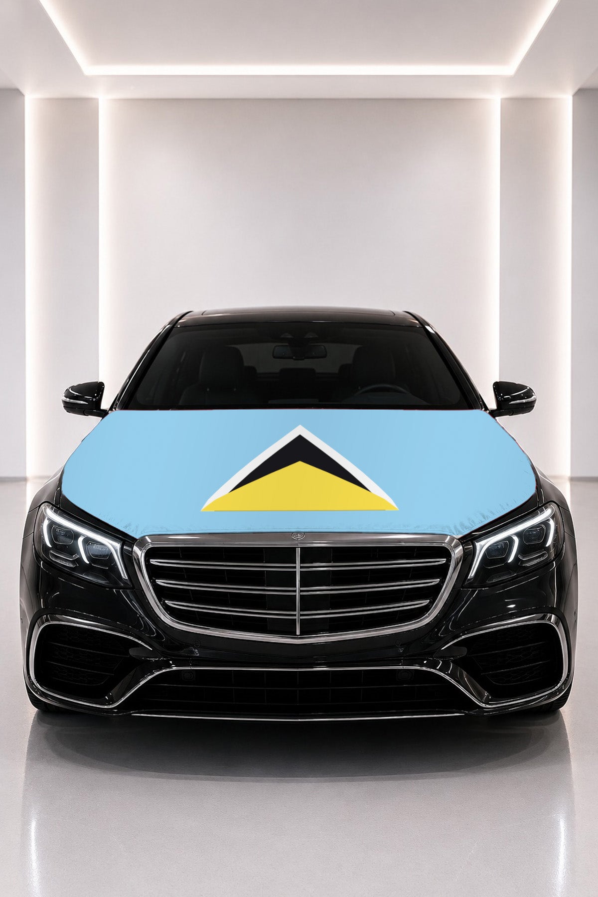 Saint Lucia flag car hood cover fitted on a black car bonnet