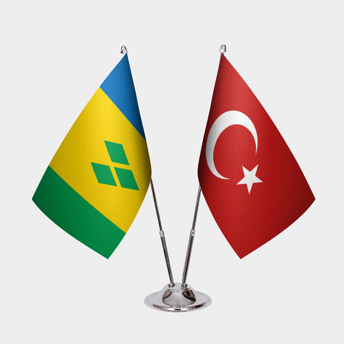 St. Vincent & Grenadines and Turkey desk flag set with chrome pole and base