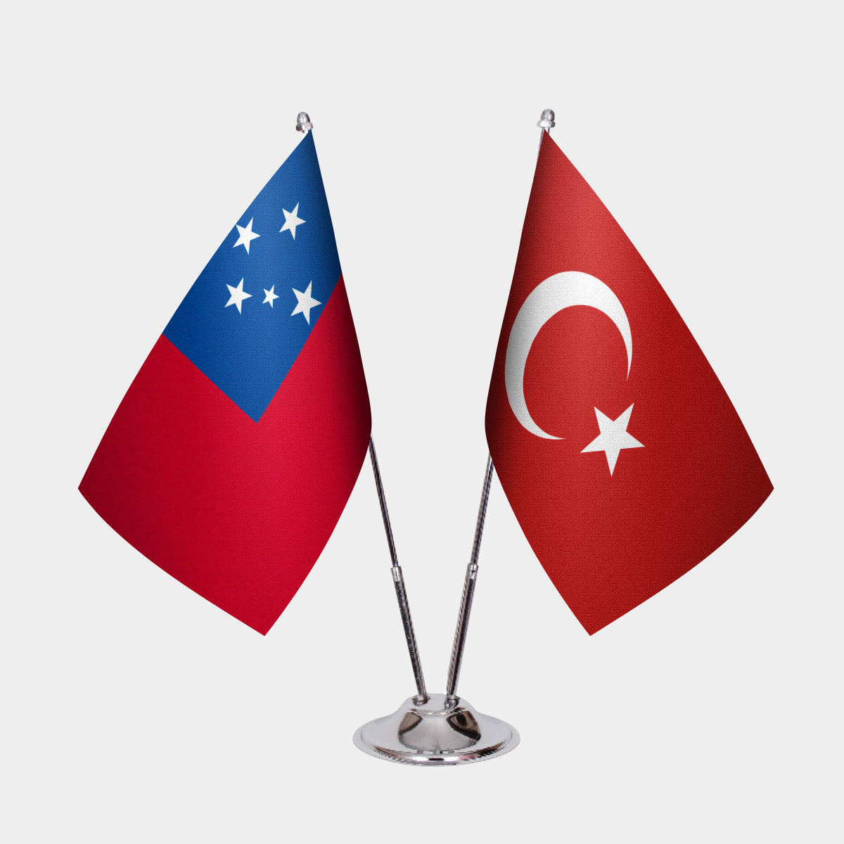 Samoa and Turkey desk flag set with chrome pole and base