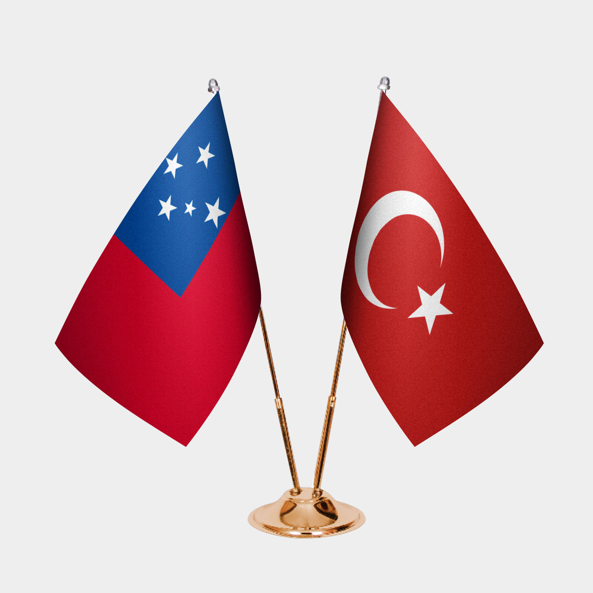 Samoa and Turkey desk flag set with gold pole and base