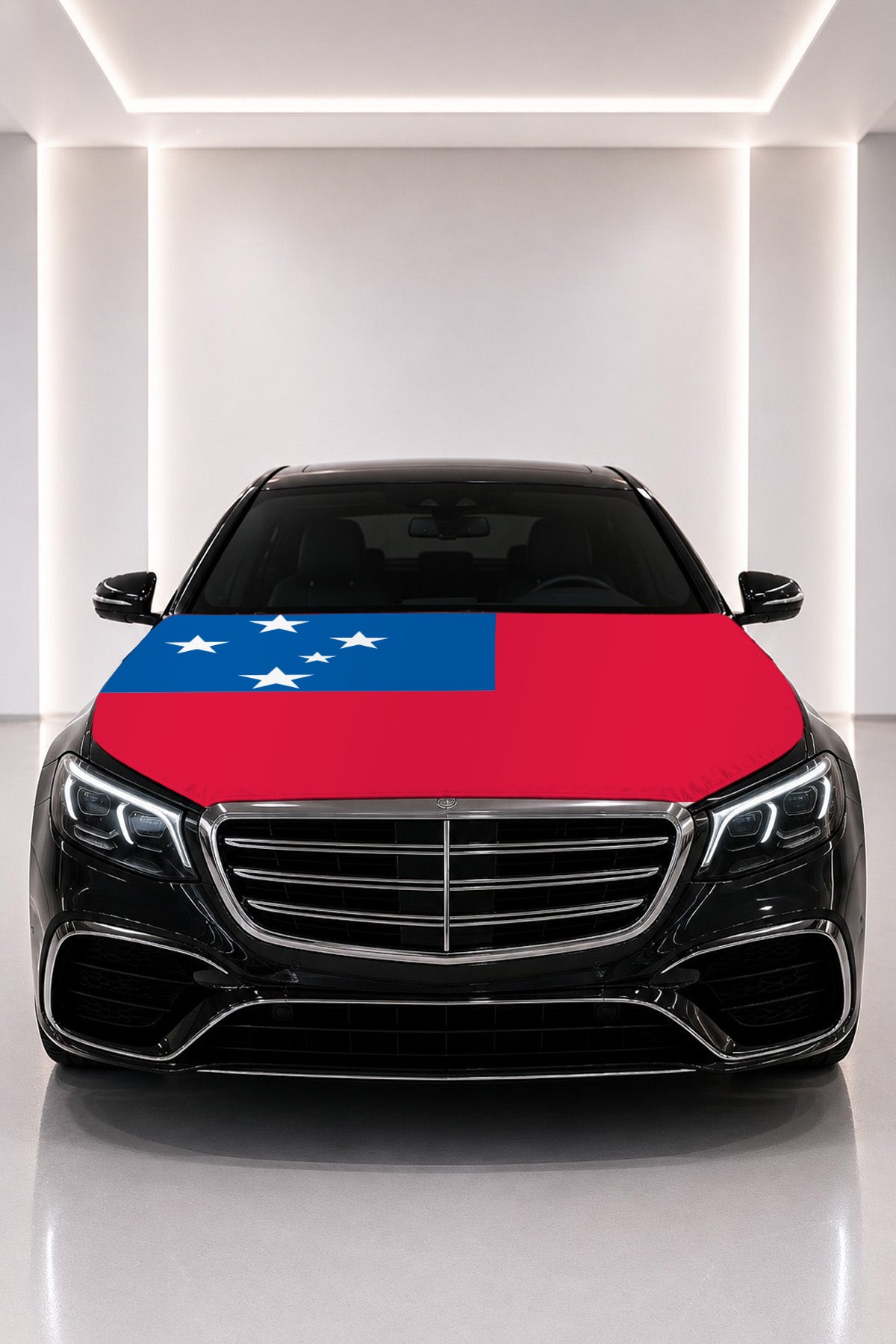 Samoa flag car hood cover fitted on a black car bonnet