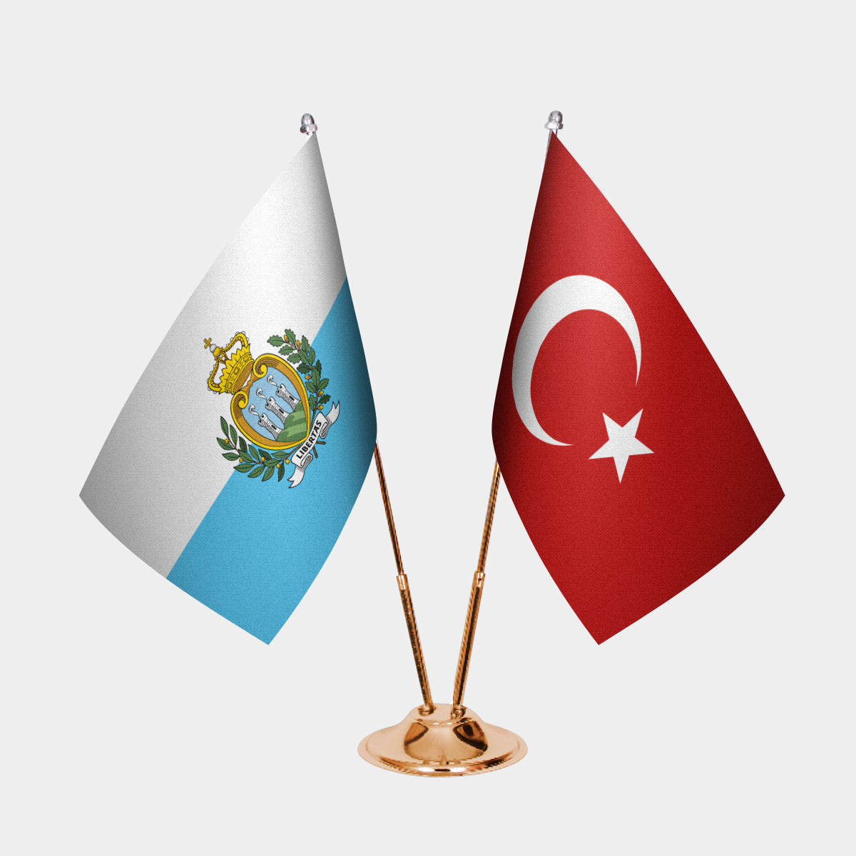 San Marino and Turkey desk flag set with gold pole and base