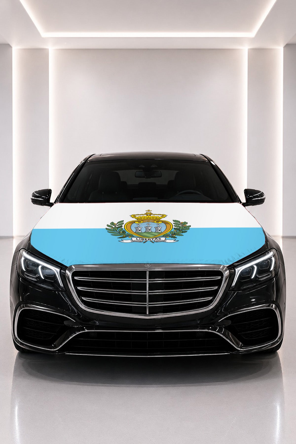 San Marino flag car hood cover fitted on a black car bonnet