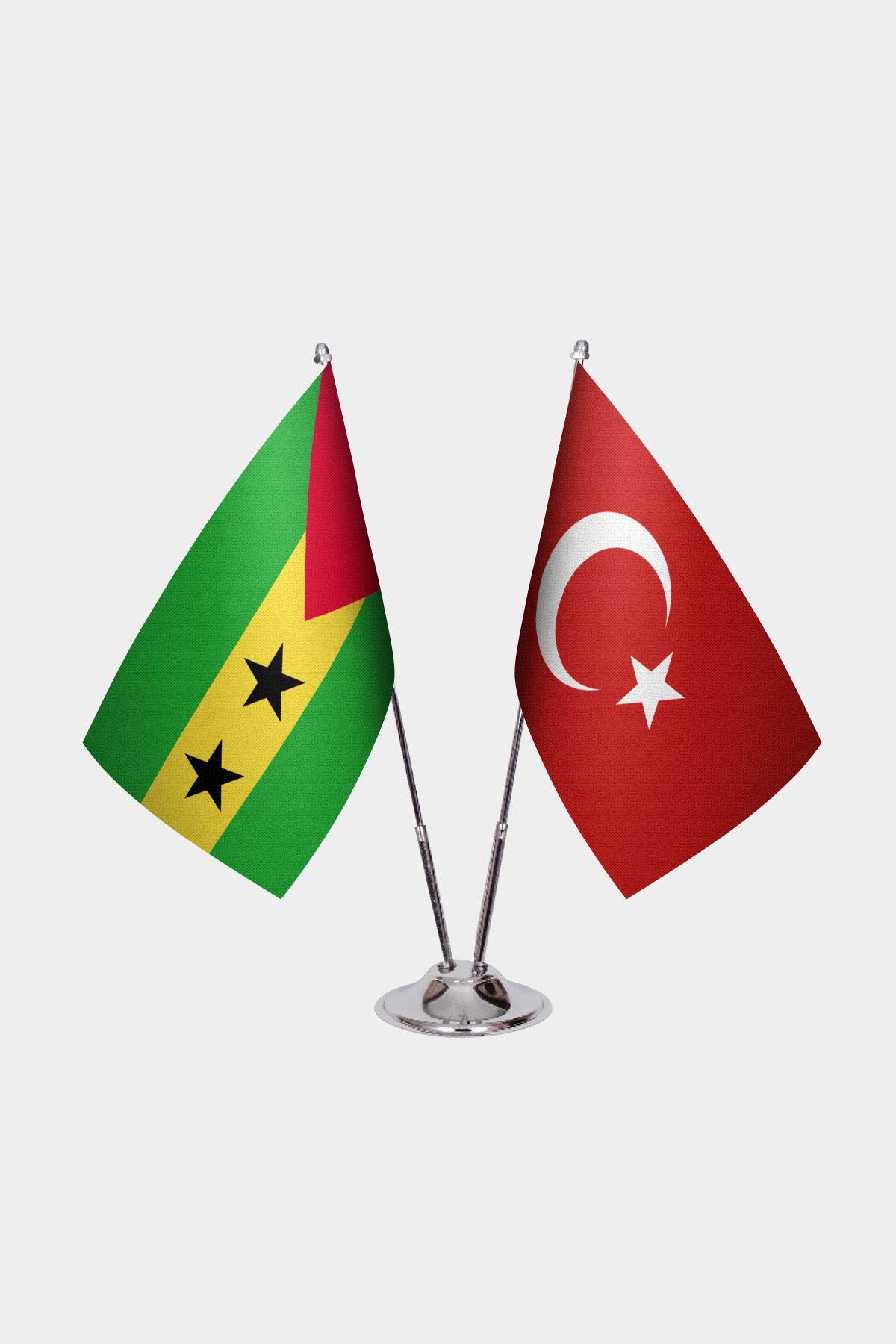 São Tomé & Príncipe and Turkey desk flag set with chrome pole and base