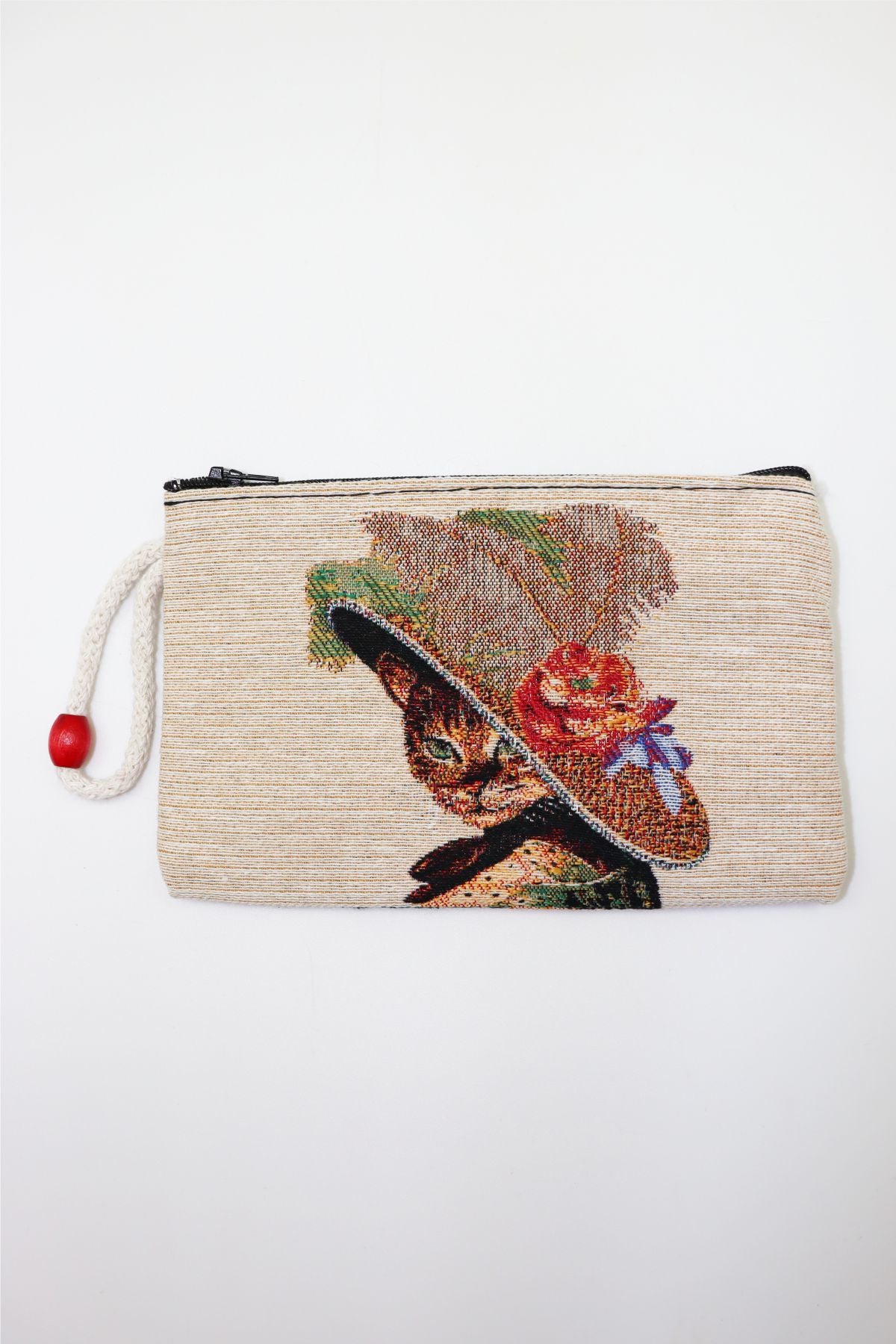 Cat in a Flowered Hat Woven Clutch Wallet — woven clutch wallet with wrist strap, front view