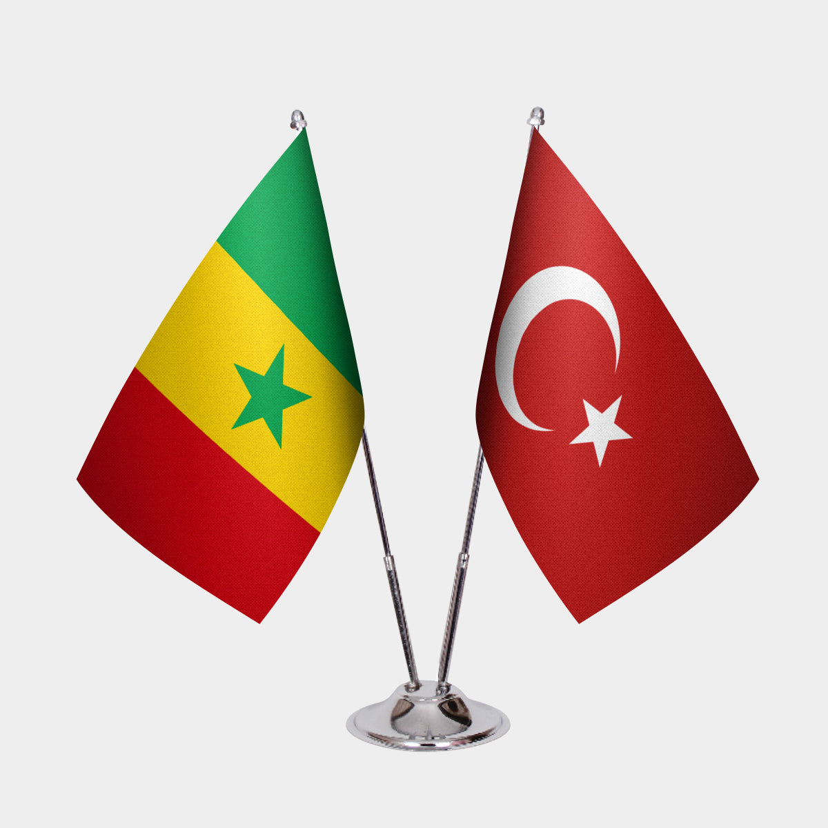 Senegal and Turkey desk flag set with chrome pole and base