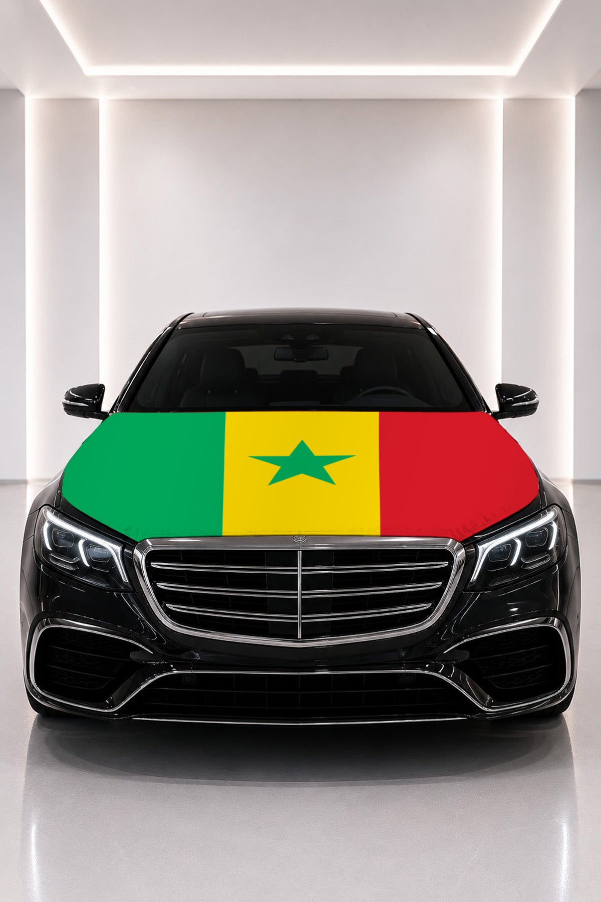 Senegal flag car hood cover fitted on a black car bonnet