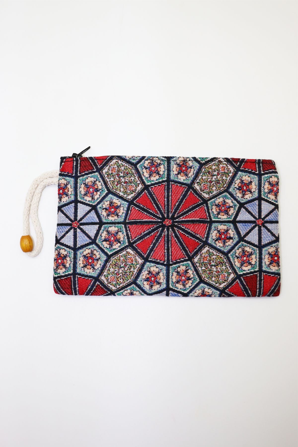 Iznik Ceramic Pattern Woven Clutch Wallet — woven clutch wallet with wrist strap, front view