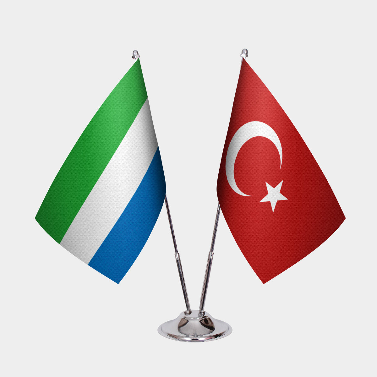 Sierra Leone and Turkey desk flag set with chrome pole and base