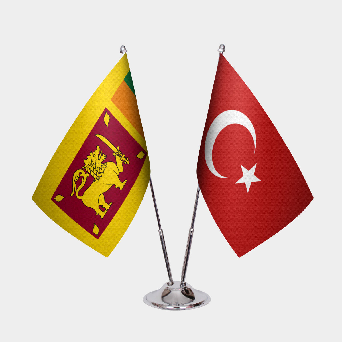 Sri Lanka and Turkey desk flag set with chrome pole and base