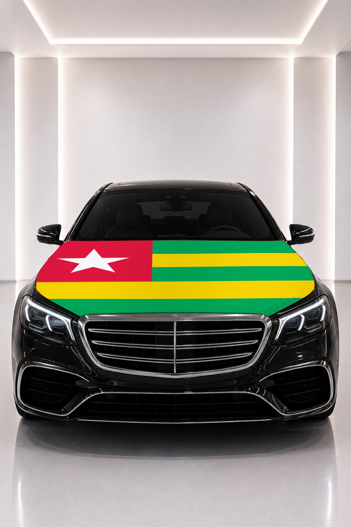 Togo flag car hood cover fitted on a black car bonnet