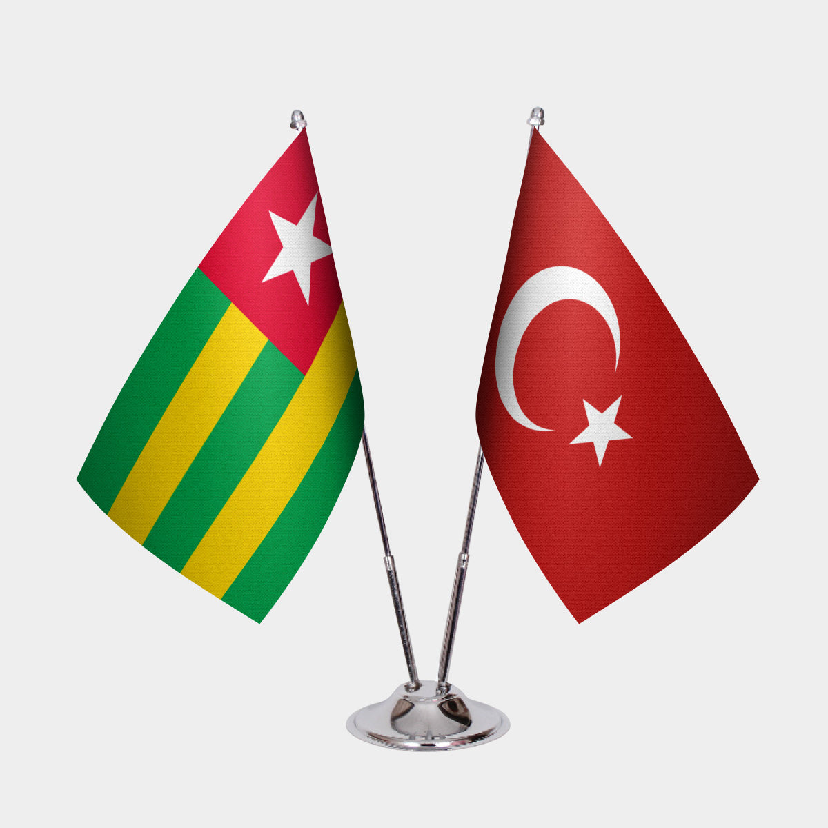 Togo and Turkey desk flag set with chrome pole and base