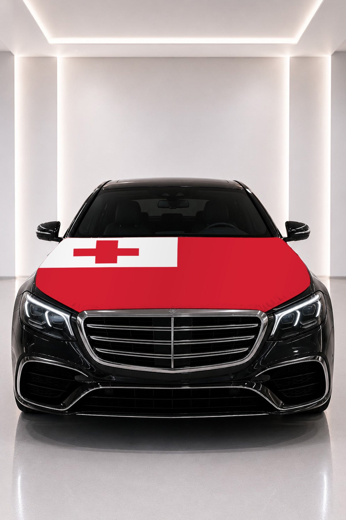 Tonga flag car hood cover fitted on a black car bonnet