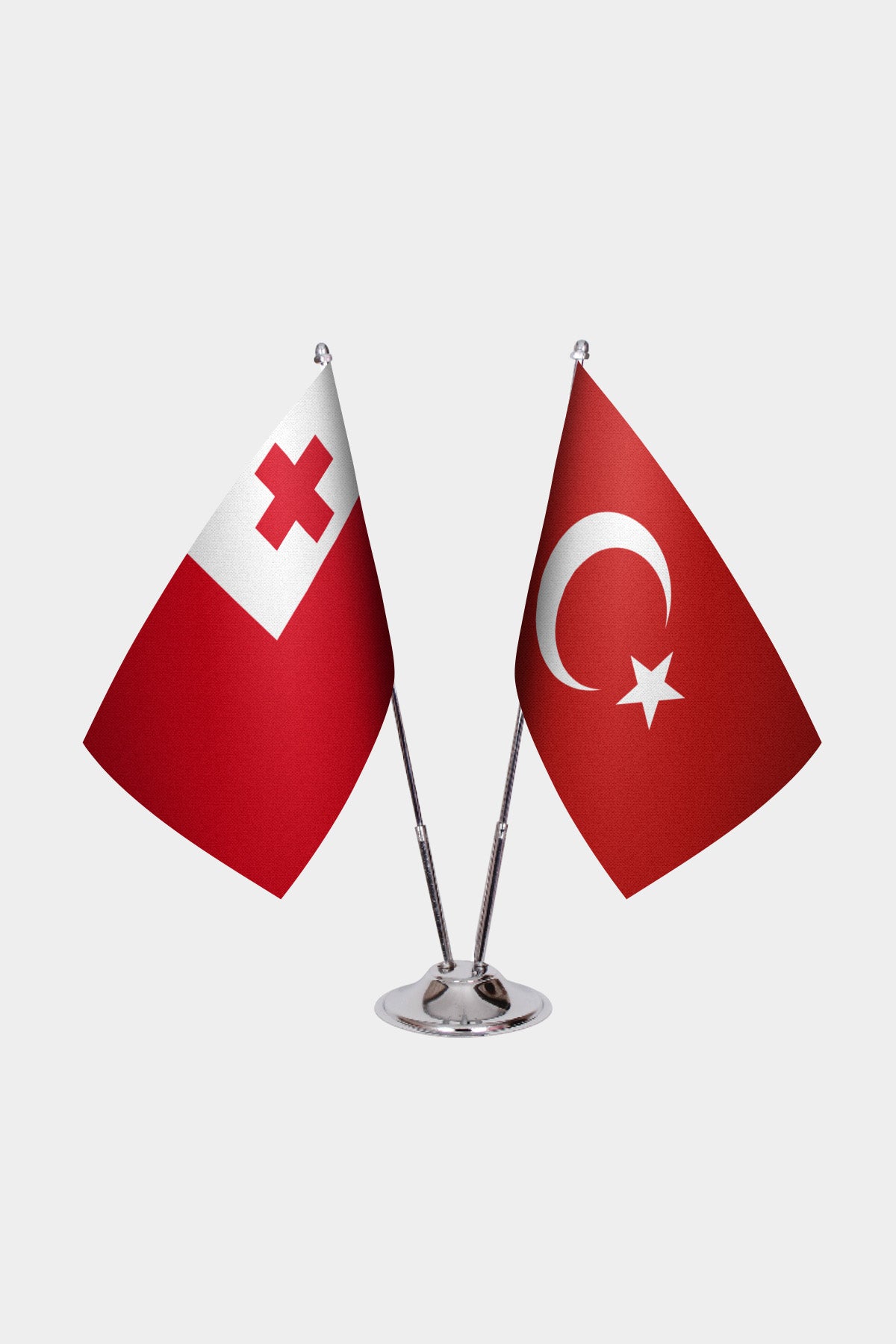 Tonga and Turkey desk flag set with chrome pole and base