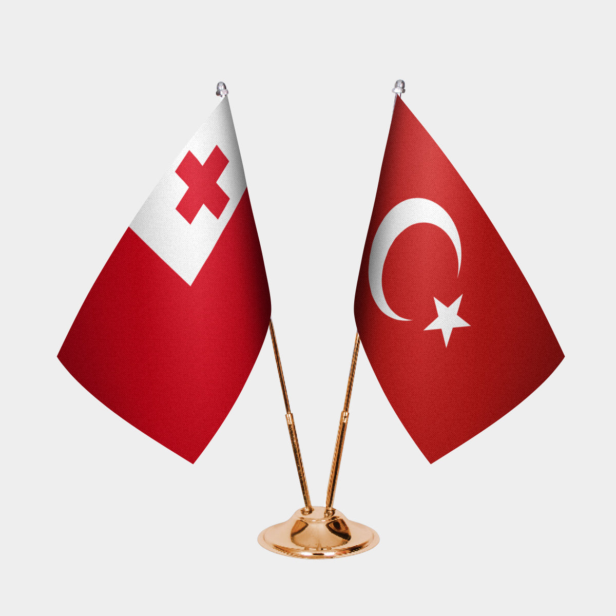 Tonga and Turkey desk flag set with gold pole and base