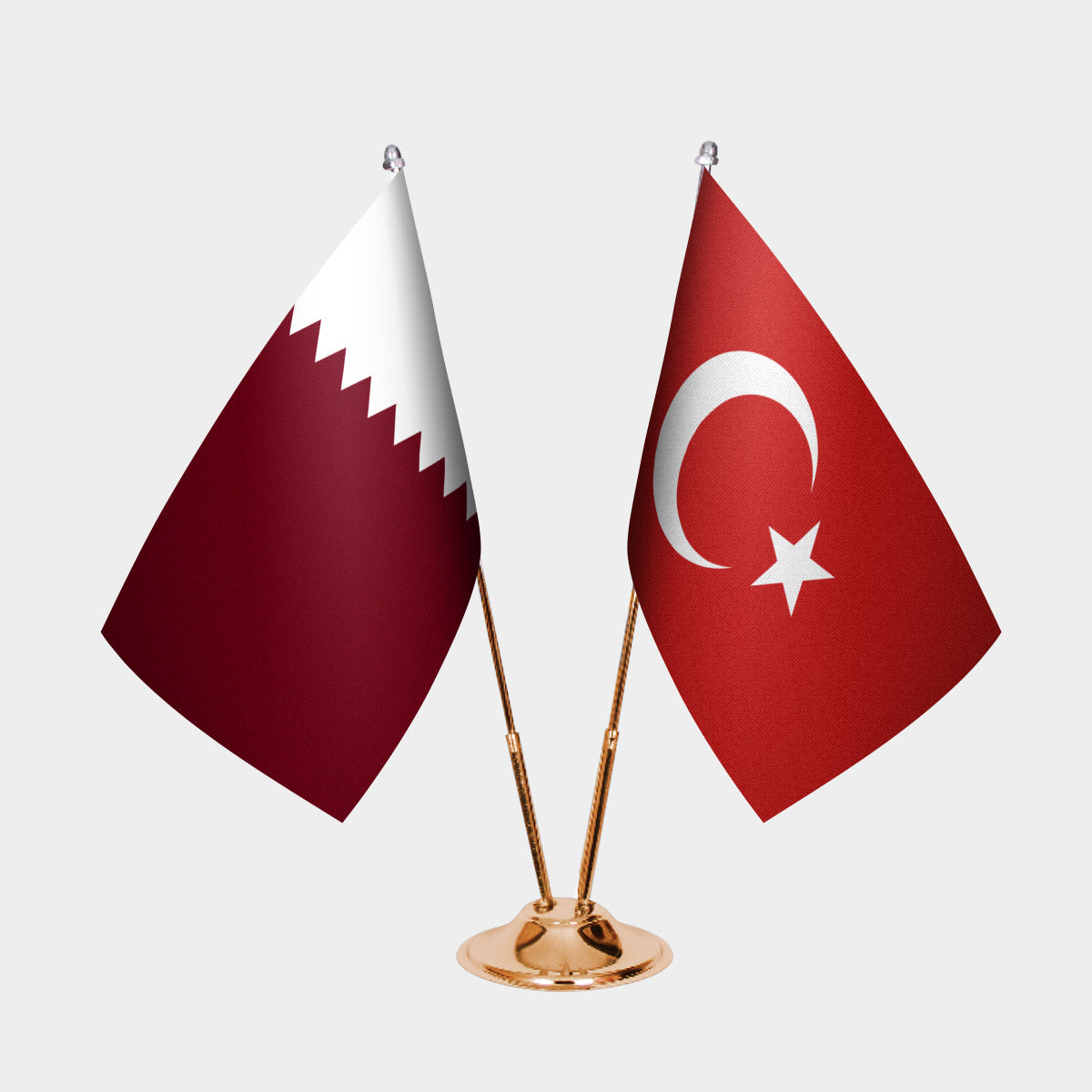 Qatar and Turkey desk flag set with gold pole and base