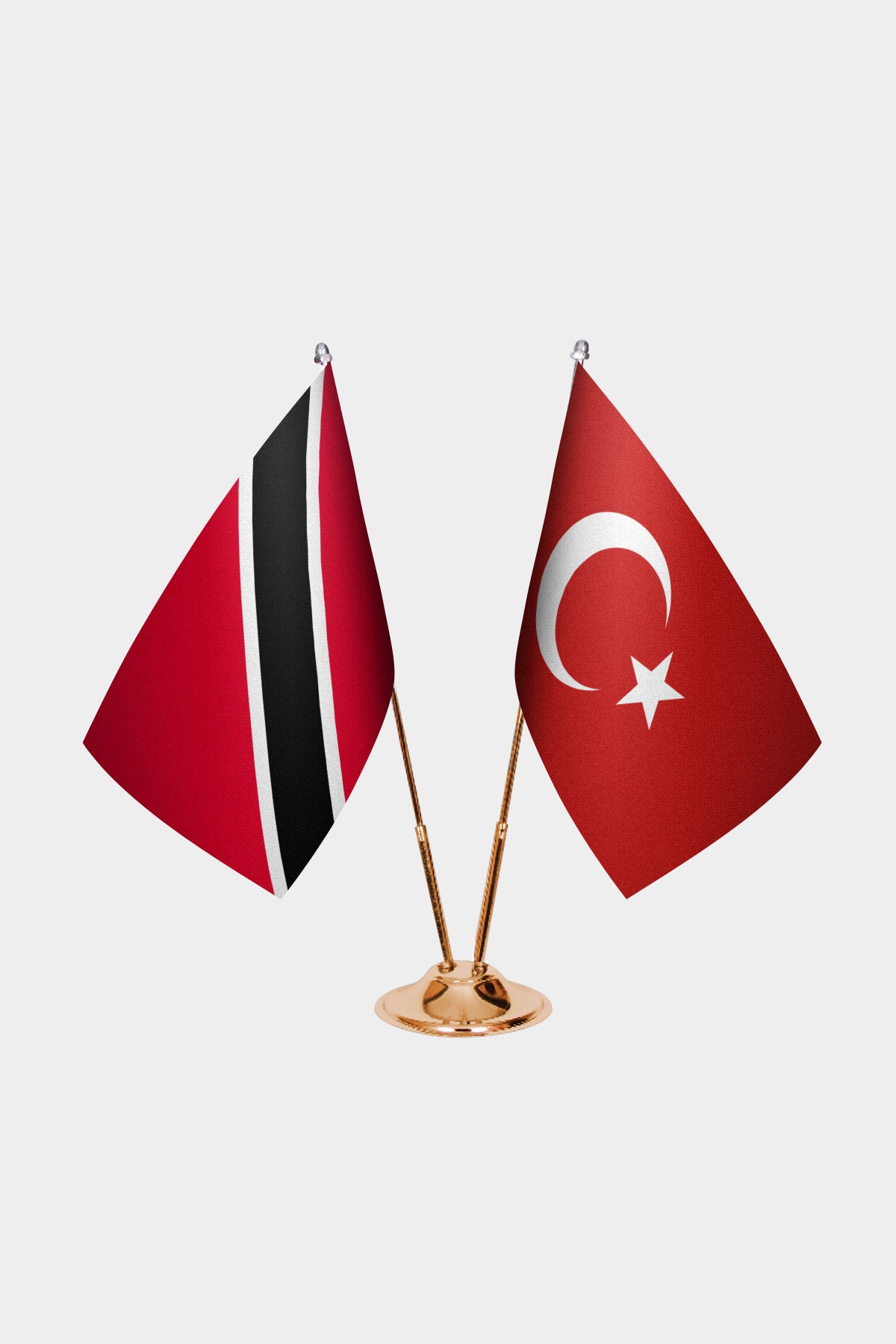 Trinidad & Tobago and Turkey desk flag set with gold pole and base