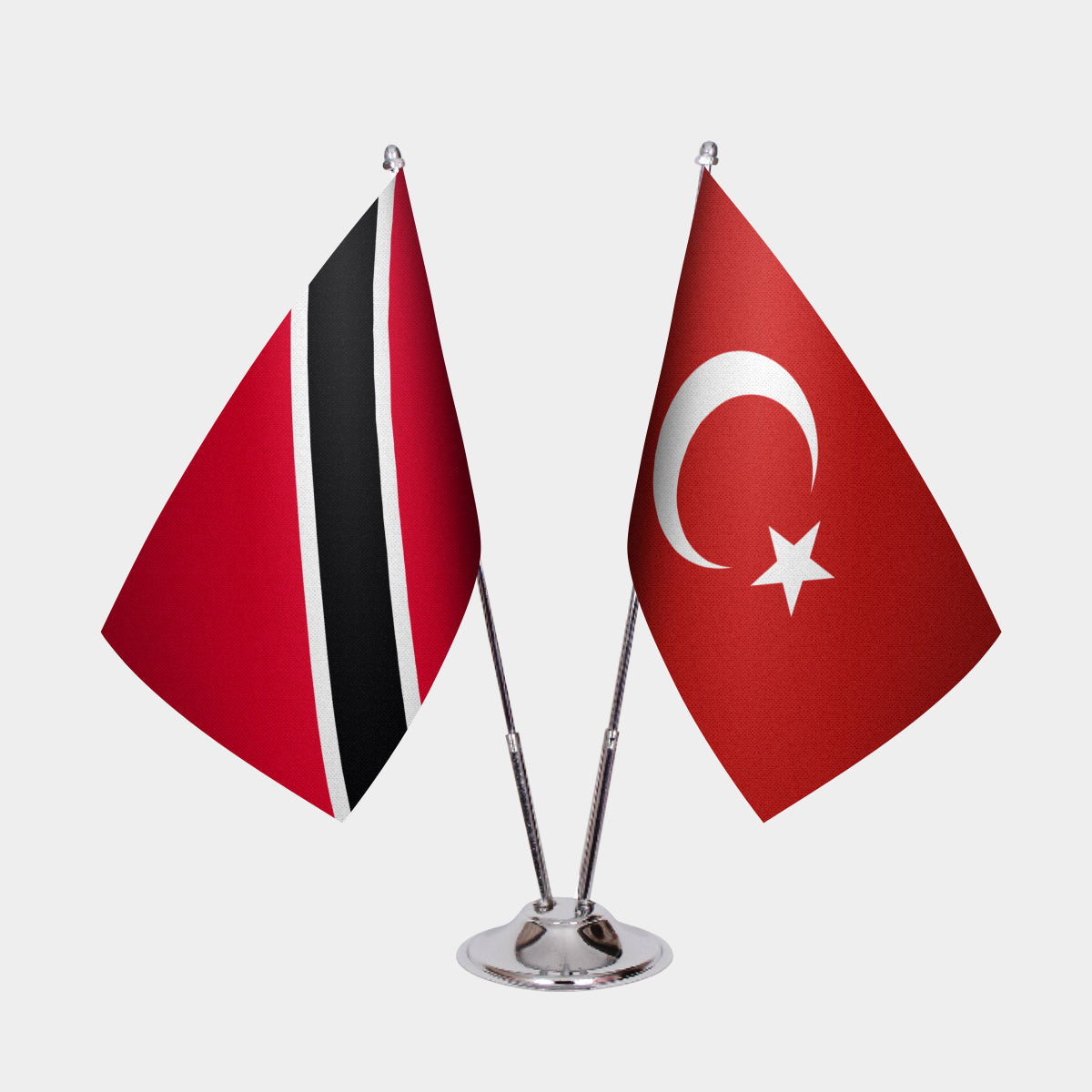 Trinidad & Tobago and Turkey desk flag set with chrome pole and base