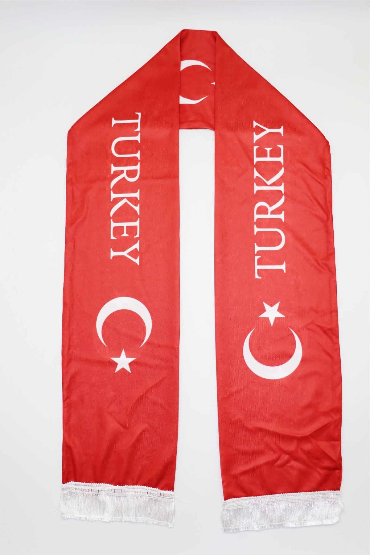 Turkey Flag Satin Soccer Scarf laid flat, full length with TURKEY lettering and white fringes