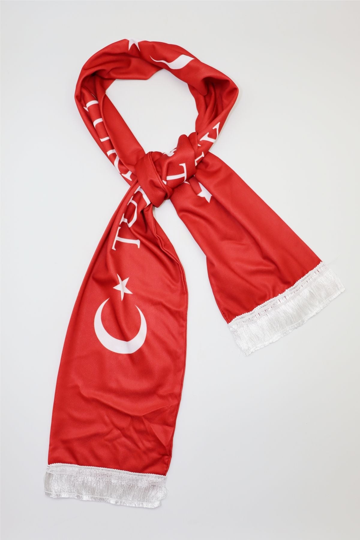 Turkey Flag Satin Soccer Scarf looped and tied, showing the print on both sides