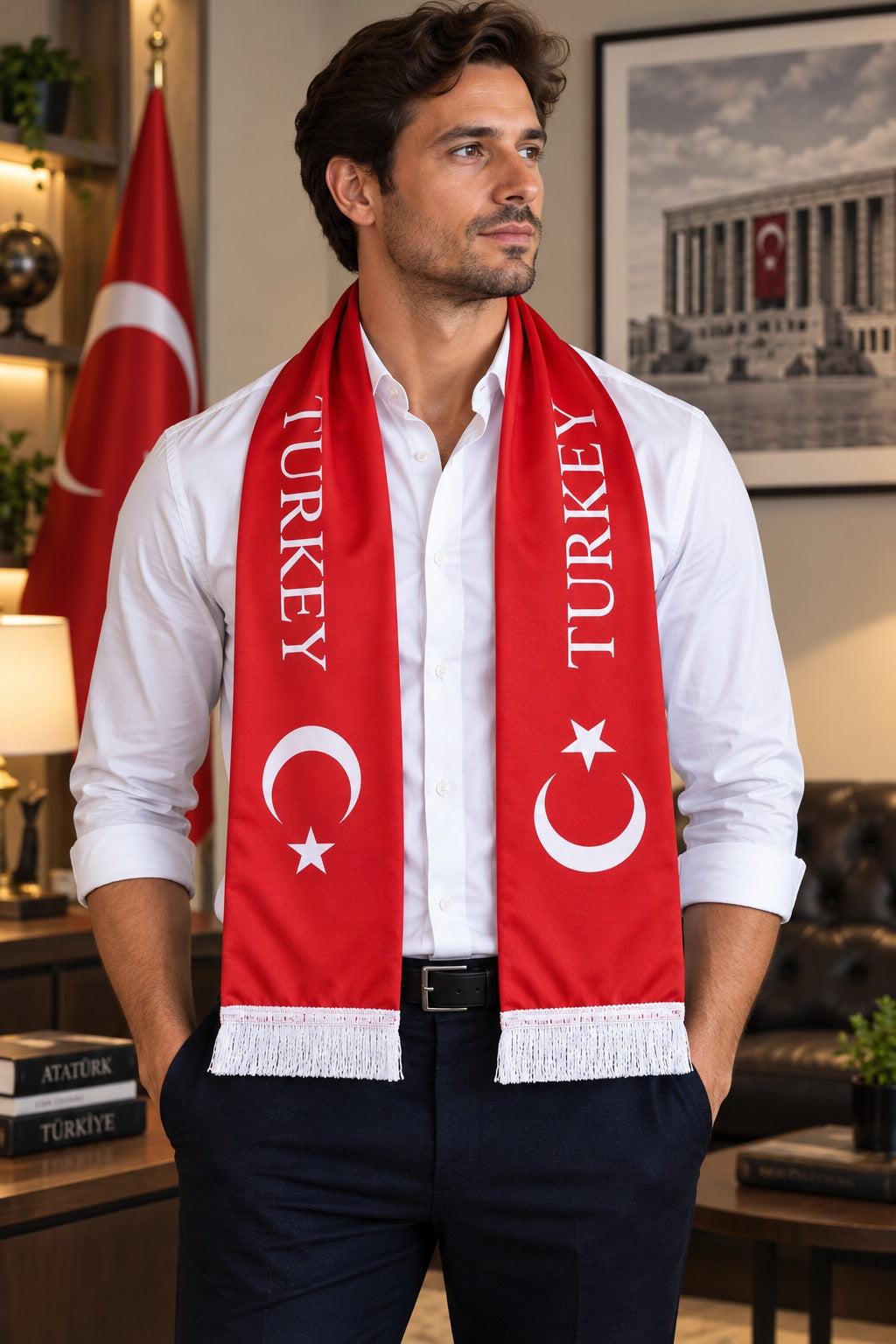 Turkey Flag Satin Soccer Scarf worn around the neck by a man in a white shirt