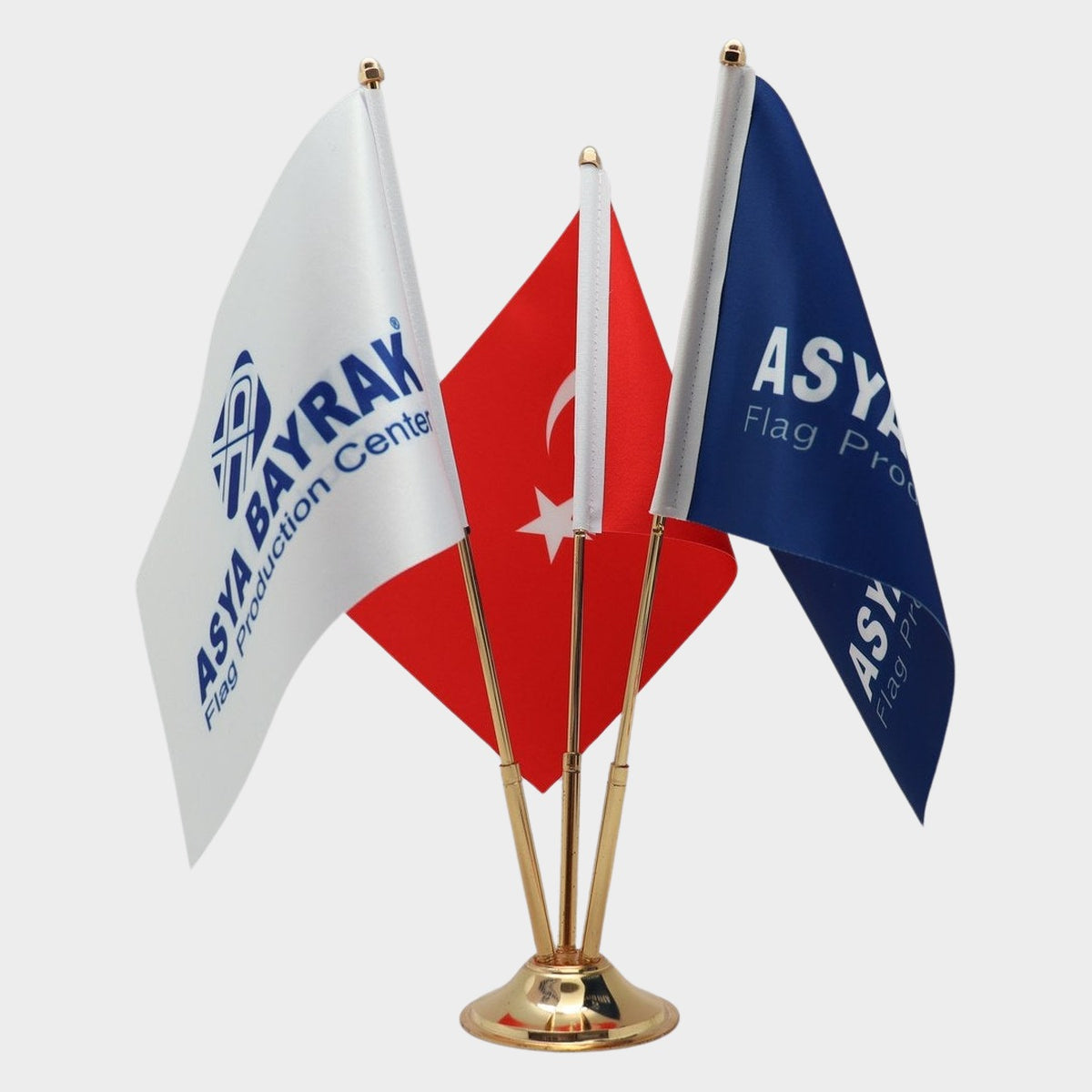 Logo Printed Triple Desk Flag with gold poles, 15 × 22.5 cm flags on a weighted base (1)