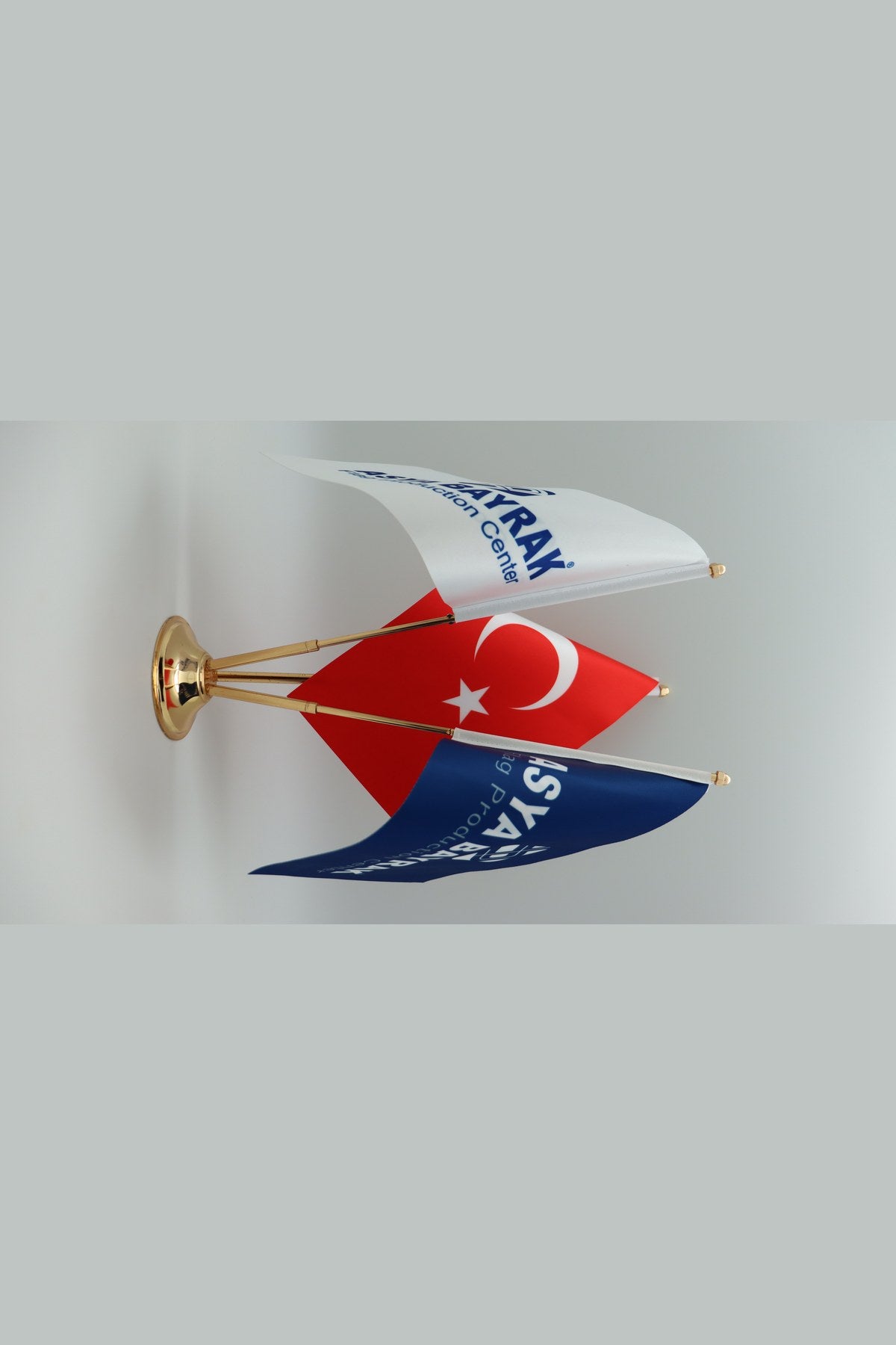 Logo Printed Triple Desk Flag with gold poles, 15 × 22.5 cm flags on a weighted base (6)