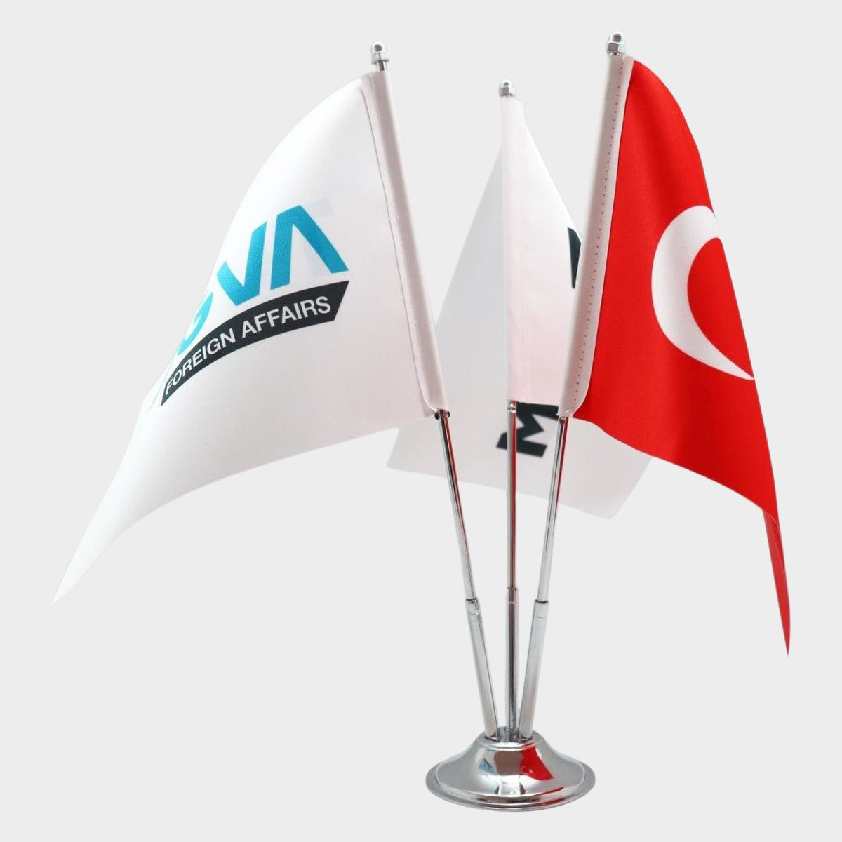 Logo Printed Triple Desk Flag with chrome poles, 15 × 22.5 cm flags on a weighted base (1)