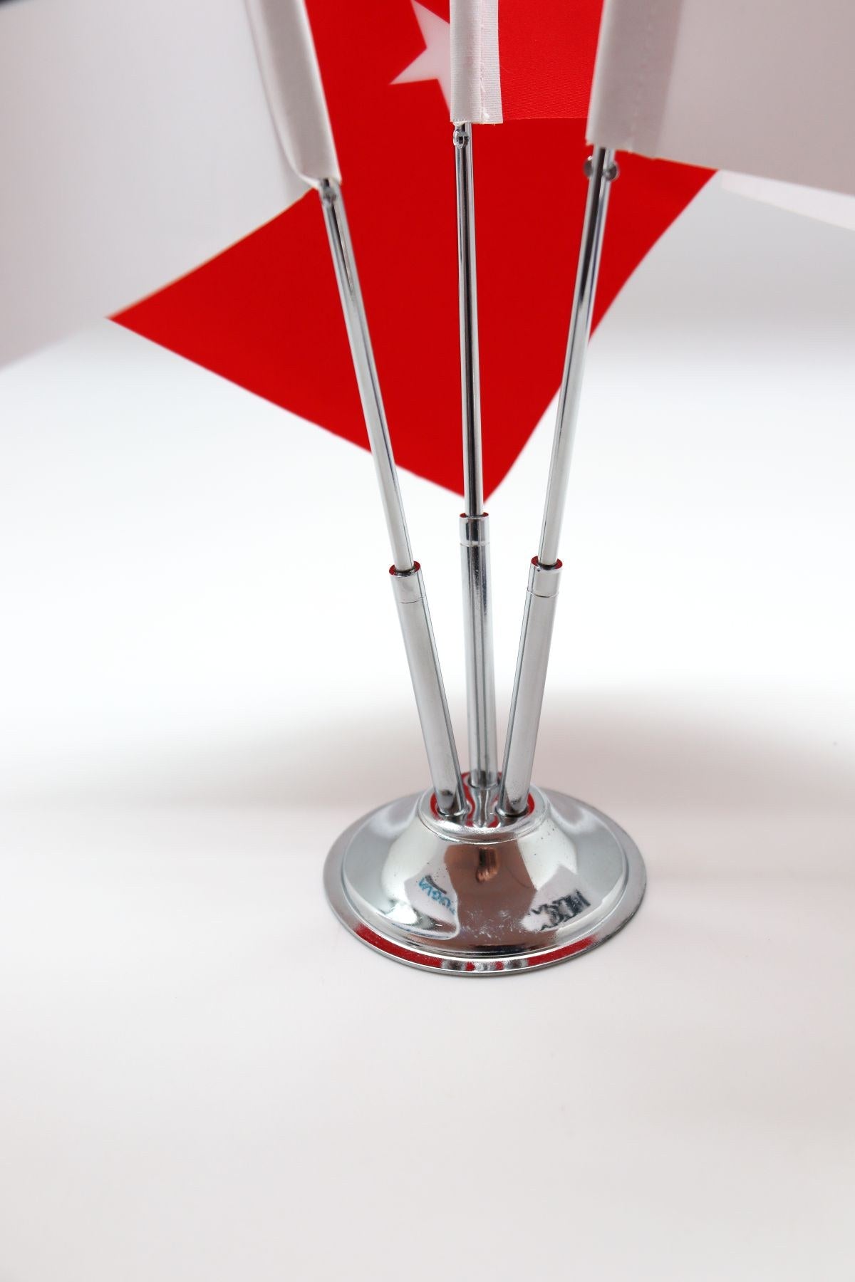Logo Printed Triple Desk Flag with chrome poles, 15 × 22.5 cm flags on a weighted base (3)