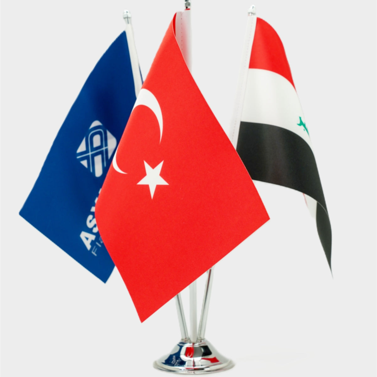 Logo printed Turkish triple desk flag set on a chrome base