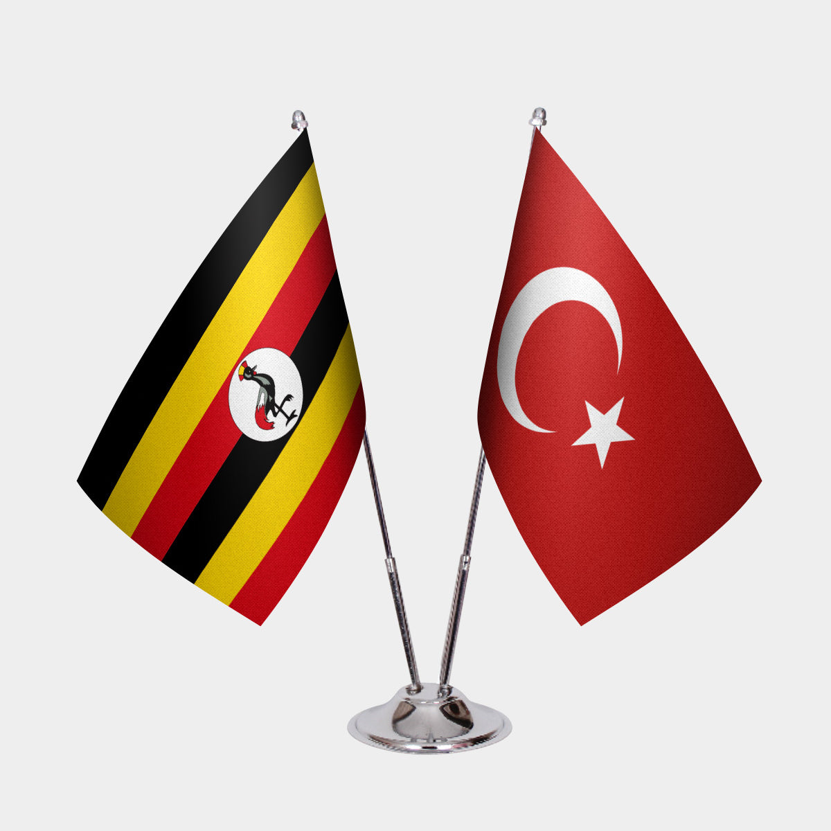 Uganda and Turkey desk flag set with chrome pole and base