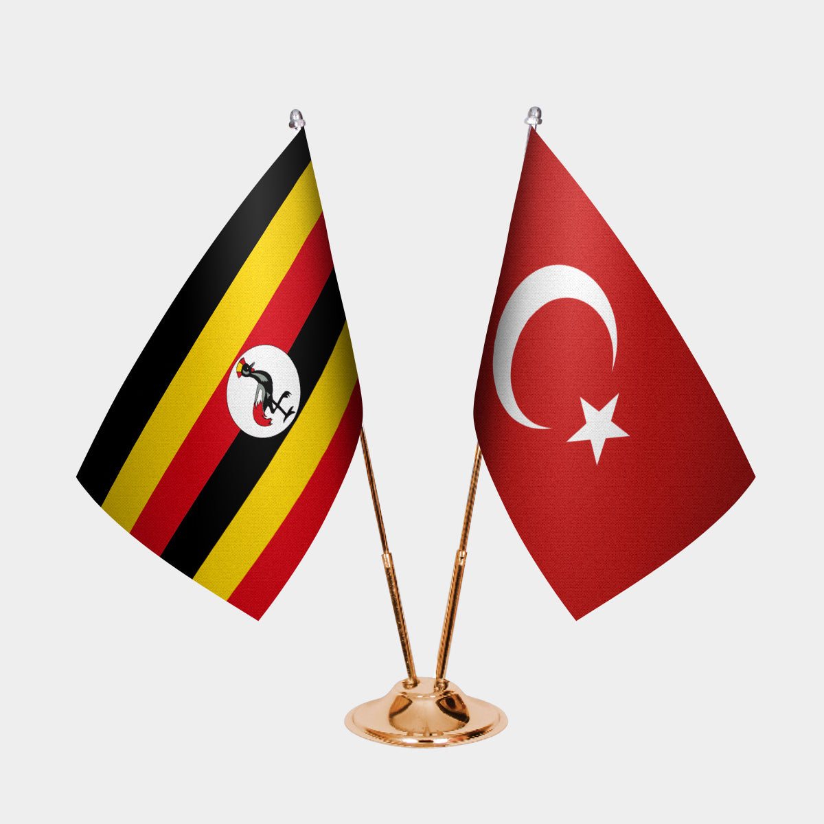 Uganda and Turkey desk flag set with gold pole and base