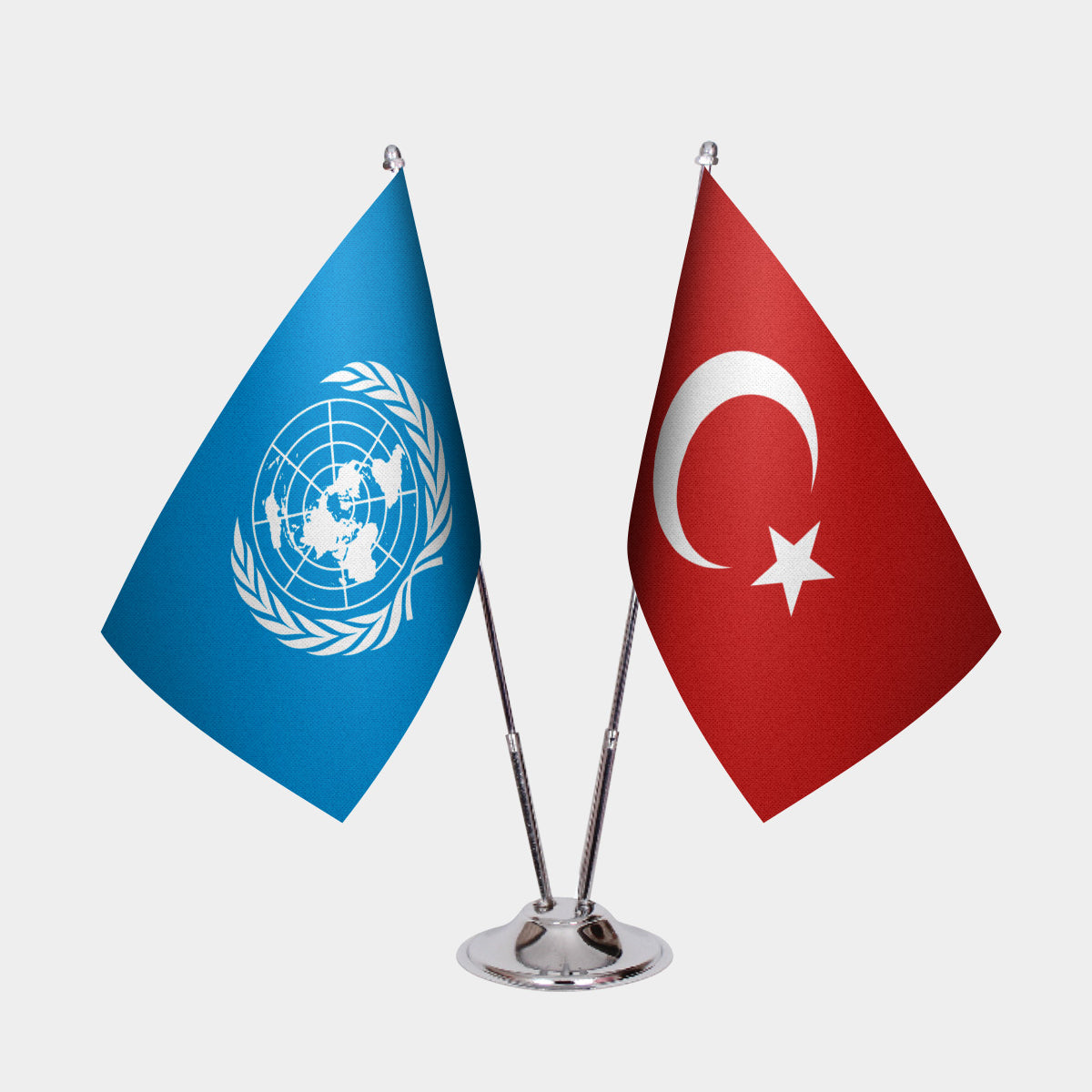 United Nations and Türkiye dual desk flag set with chrome silver pedestal, satin office table flag