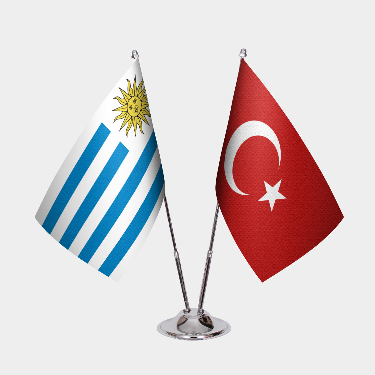 Uruguay and Turkey desk flag set with chrome pole and base
