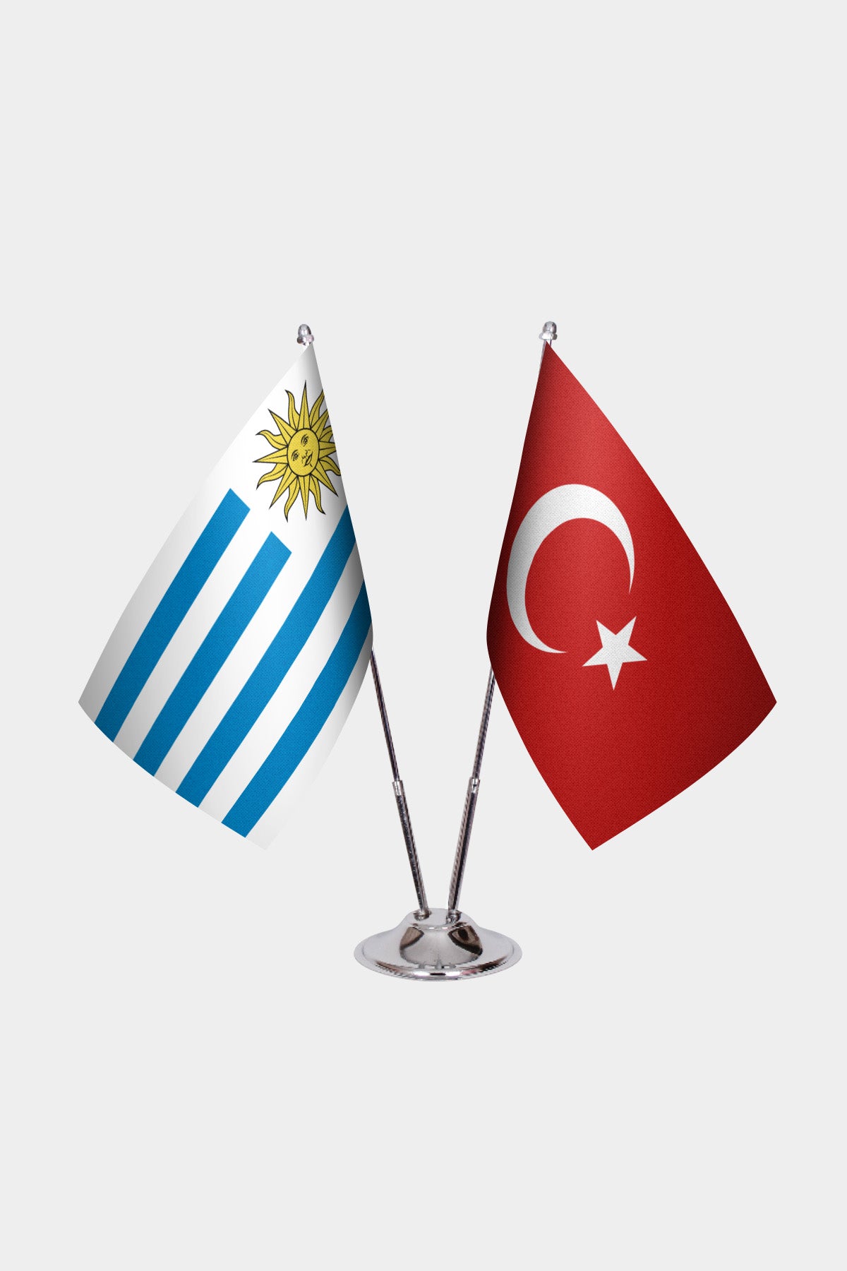 Uruguay and Turkey desk flag set with chrome pole and base
